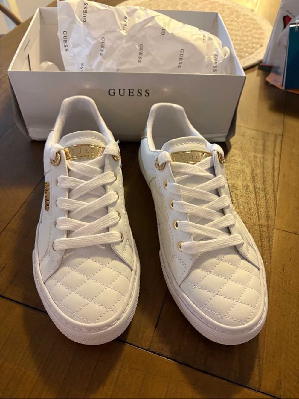 GUESS White Quilted Sneakers with Gold Accents